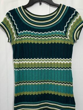 AB Studio Chevron Pointelle Knit Top Medium Teal Green Striped Retro lightweight